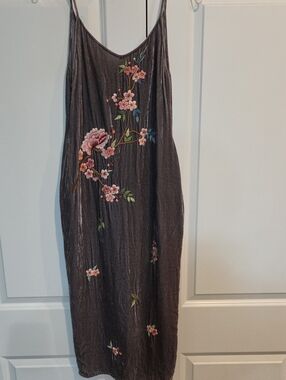 Sleeveless Pewter Maxi Slip Dress with Pink Floral Embroidery